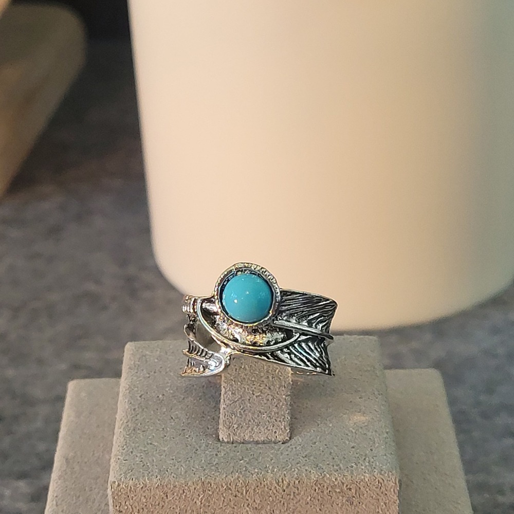 Southwestern Turquoise Color Silver Tone Feather Statement Ring Size 5 Boho